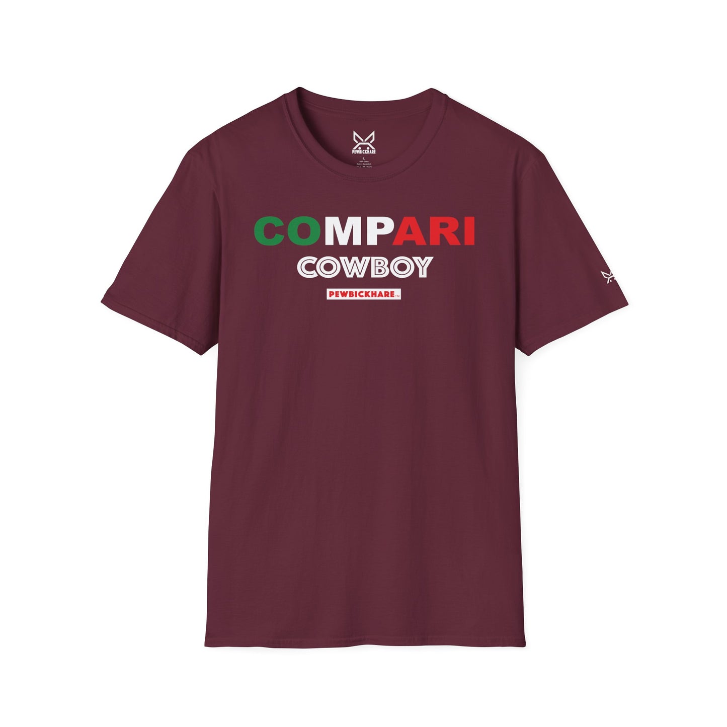 Italian Cowboy graphic t-shirt in maroon – PEWBICKHARE unisex front view