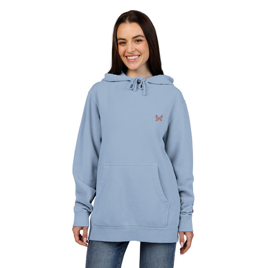 PBH - Pigment Dyed Embroidered Unisex Designer Hoodie (Small red chest & blue wrist embroidery)