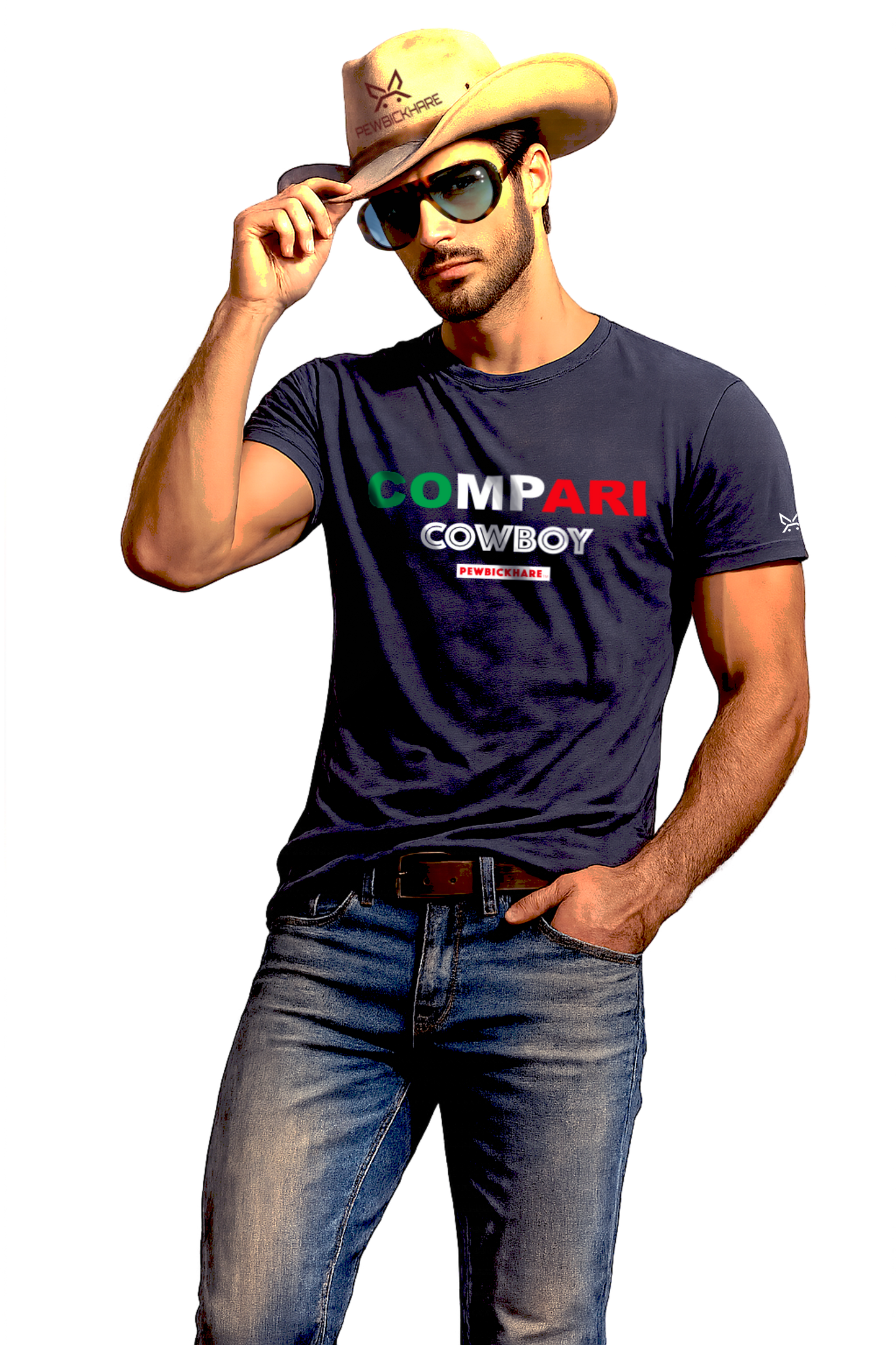Italian Cowboy graphic t-shirt in navy – PEWBICKHARE unisex front view worn by model