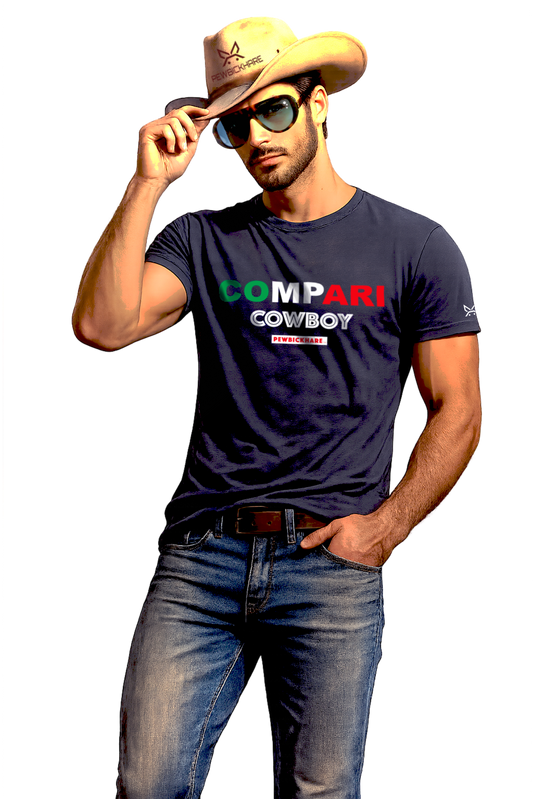Italian Cowboy graphic t-shirt in navy – PEWBICKHARE unisex front view worn by model