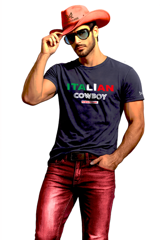 PEWBICKHARE Italian-inspired streetwear graphic t-shirt worn by model