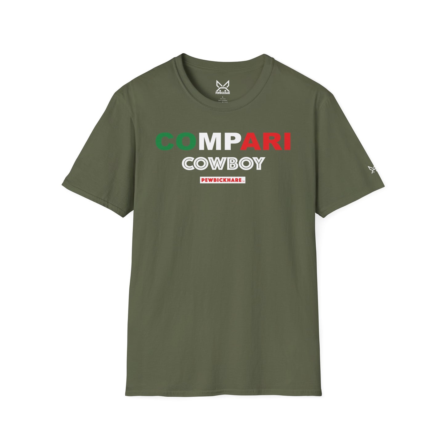 Italian Cowboy graphic t-shirt in military green – PEWBICKHARE unisex front view
