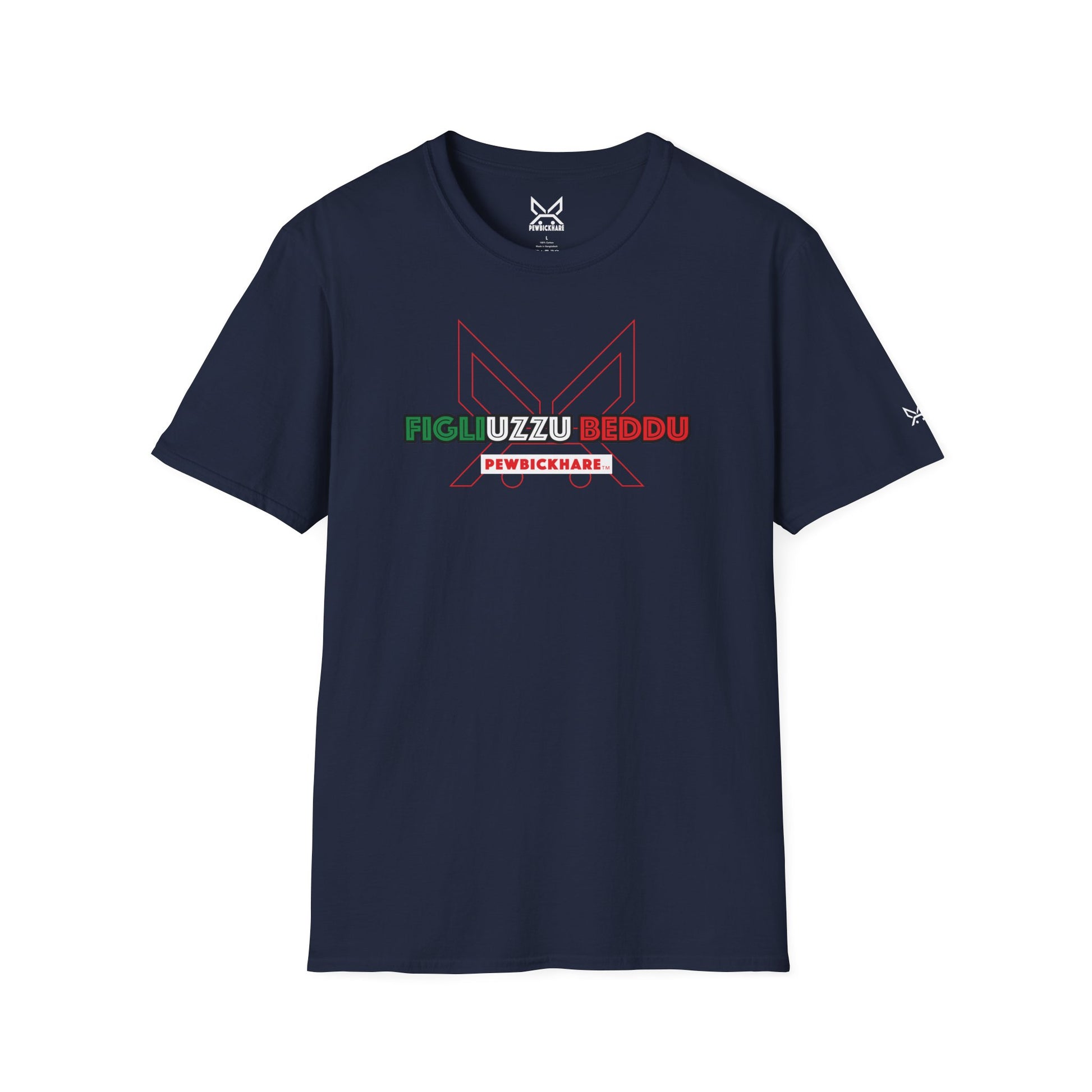 FIGLIUZZU BEDDU unisex graphic t-shirt in navy  'flat garment' – PEWBICKHARE Italian streetwear
