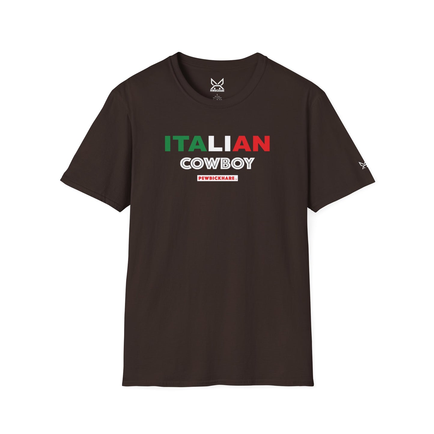 Italian Cowboy graphic t-shirt dark chocolate front view